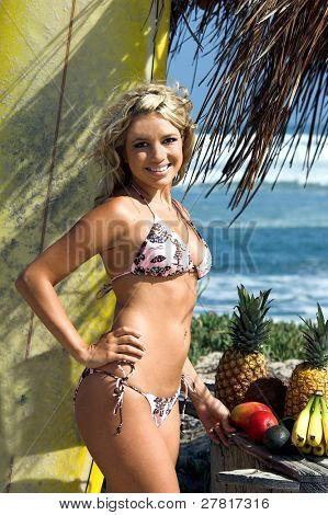Surfer bionda sexy in bikini rosa e marrone di Swimbay