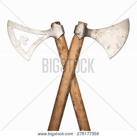 Crossed Axes. Two Ancient Guns Isolated On White Background. Viking Weapons