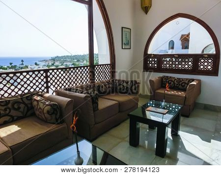 Sharm El Sheikh, Egypt - January 03, 2019: The Lobbi At Domina Coral Bay 5 Star Complex Consists Of 