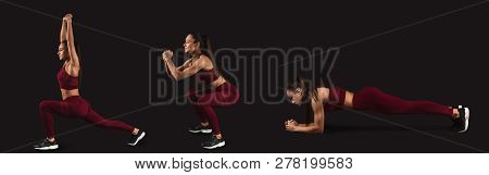 Athletic Woman Doing Exercises On Dark Background, Fitness Concept, Collage