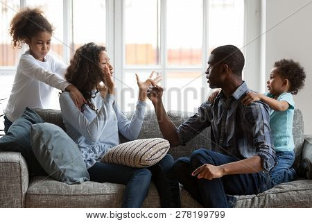 Upset African Kids Making Parents Stop Arguing Afraid Of Conflic