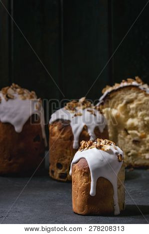 Set Of Traditional Russian And Ukrainian Easter Cake Kulich Paska Bread Glazed With Almond, Whole An