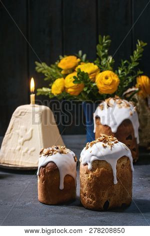 Set Of Traditional Russian And Ukrainian Easter Cake Kulich Paska Bread Glazed With Almond, Whole An