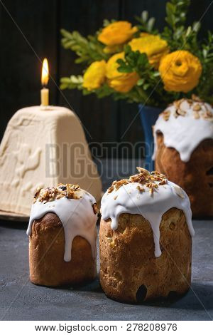Set Of Traditional Russian And Ukrainian Easter Cake Kulich Paska Bread Glazed With Almond, Whole An