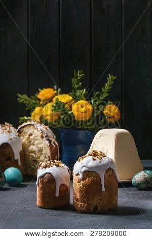 Set Of Traditional Russian And Ukrainian Easter Cake Kulich Paska Bread Glazed With Almond, Whole An