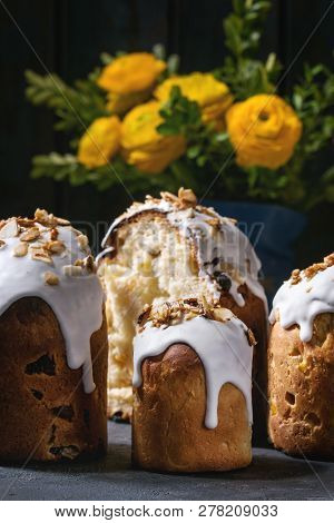 Set Of Traditional Russian And Ukrainian Easter Cake Kulich Paska Bread Glazed With Almond, Whole An