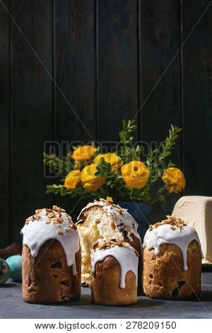 Set Of Traditional Russian And Ukrainian Easter Cake Kulich Paska Bread Glazed With Almond, Whole An
