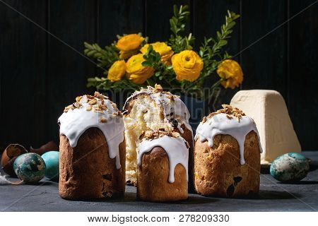 Set Of Traditional Russian And Ukrainian Easter Cake Kulich Paska Bread Glazed With Almond, Whole An