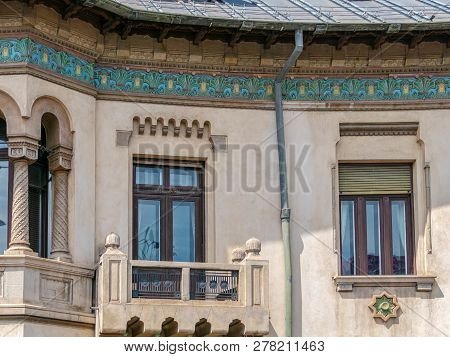 Bucharest,romania-july 17,2018:detail Of The Facade Of Gheorghe Petrascu House, Located In Piata Rom