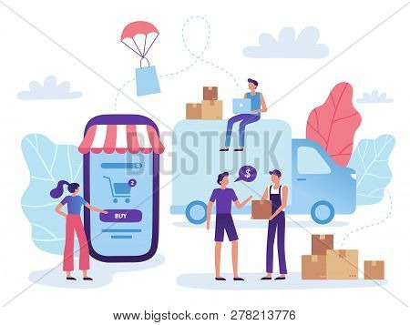 Online Store Delivery. Web Shop Retail Purchase Shiping, Goods Market Purchasing And Shopping Busine