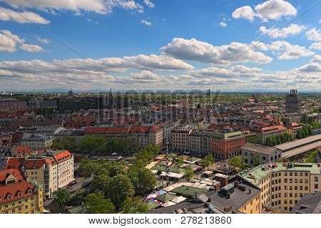 Munich, Germany-april 30, 2018: View To The Ancient Viktualienmarkt Is A Daily Food Market And A Squ