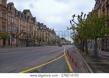 Luxembourg, Luxembourg-may 01, 2018: Cloudy Spring Morning. Downtown City, View To The Avenue De La 