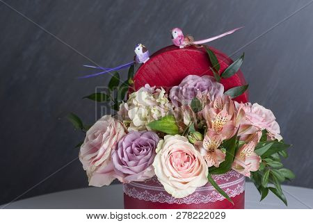 Bouqet Of Flowers In Redt Box. Nice Celebration Present. Selective Focus, Close Up. Birds Of Top Bou