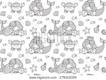 Seamless Pattern With Little Lying Mermaid, Big Fish, Krabbe, Crown. Print Design For Coloring Book,