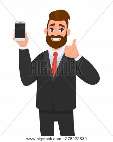 Cheerful Businessman Holding/showing Brand New Smartphone/mobile/cell Phone In Hand And Gesturing Th