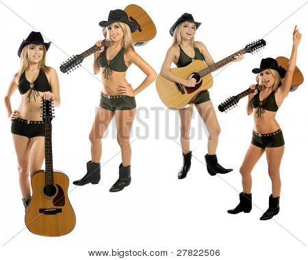 Collection of four poses of a sexy young cowgirl in a hat, bikini and boots with a 12 string acoustic guitar