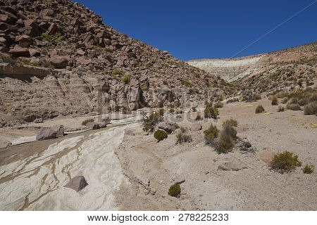 Eroded Rock Formations Along Quebrada Chuba, A River Valley High On The Altiplano Of Northern Chile 