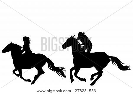Two Horse Riders Galloping On White Background