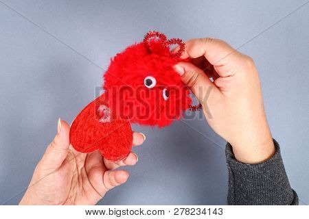 Red Handmade Diy Monster Pom Pom From Yarn, Chenille Stems In Shape Heart. Gift Ideas For Valentines