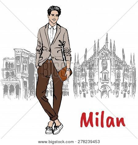 Hand-drawn Sketch Of Man In Milan At Piazza Del Duomo In Italy.