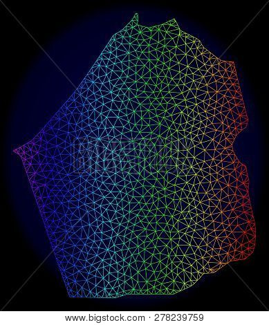 Rainbow Colored Mesh Vector Map Of Dubai Emirate Isolated On A Dark Blue Background. Abstract Lines,