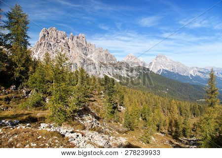 Morning Panoramic View Of Cima Ambrizzola, Croda Da Lago And Le Tofane Gruppe, Alps Dolomites Mounta