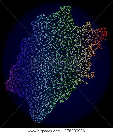 Spectrum Colored Mesh Vector Map Of Fujian Province Isolated On A Dark Blue Background. Abstract Lin