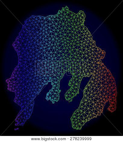 Spectrum Colored Mesh Vector Map Of Gambier Island Isolated On A Dark Blue Background. Abstract Line
