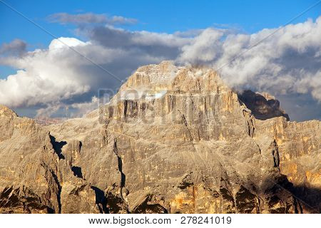 Evening View Of Gruppo Del Sorapis With Beautiful Cloudy Sky, South Tirol, Alps Dolomites Mountains,