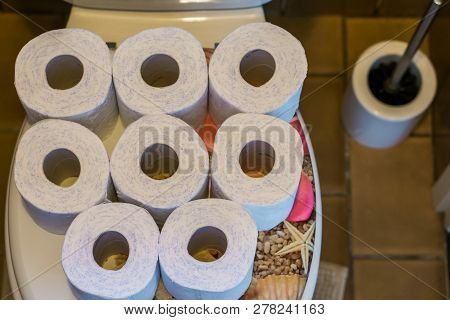 White Toilet Paper Rolls In A Pattern On The Water Closet Seat, Interior Of A Bathroom