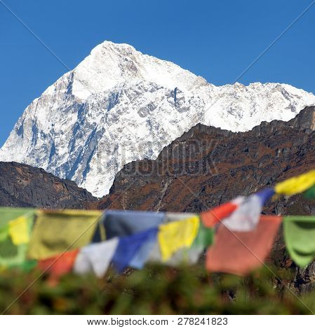 Mount Makalu With Buddhist Prayer Flags, Maklu Barun National Park, Nepal Himalayas Mountains