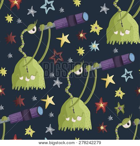 Cute Cartoon Vector Seamless Pattern With Cute Green Monsters Looking Into A Telescope In A Flat Sty