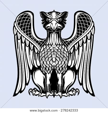 Decorative Griffin. Medieval Gothic Style Concept Art. Design Element. Black A Nd White Drawing Isol