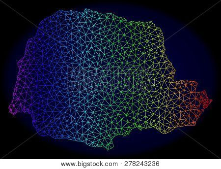 Spectrum Colored Mesh Vector Map Of Parana State Isolated On A Dark Blue Background. Abstract Lines,