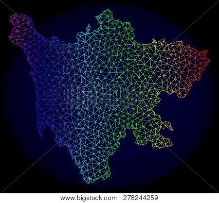 Spectrum Colored Mesh Vector Map Of Sichuan Province Isolated On A Dark Blue Background. Abstract Li