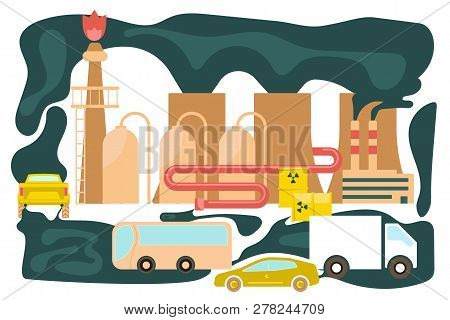 Polluted Urban Landscape In Flat Design. Vehicles On Road With Traffic Jam And Smoke From Thermal Po