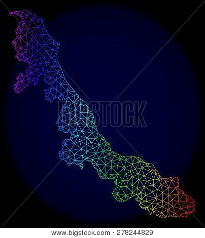 Rainbow Colored Mesh Vector Map Of Veracruz State Isolated On A Dark Blue Background. Abstract Lines