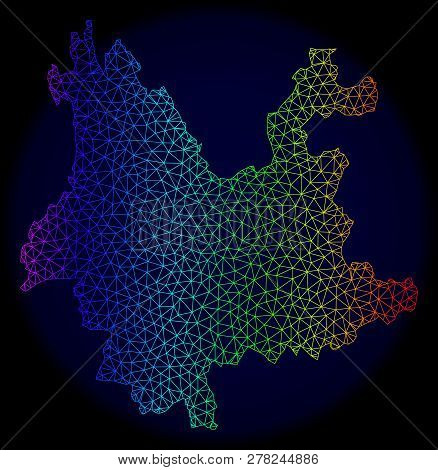 Spectrum Colored Mesh Vector Map Of Yunnan Province Isolated On A Dark Blue Background. Abstract Lin