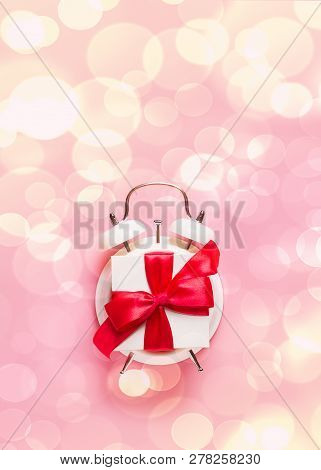 Valentines Day Concept Pastel Minimalis, Time To Gift On Pink Background, Top View, Copy Space, Vert