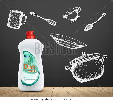 Dishwashing Liquid Product. Utensils And Detergent Soap Bottle. Vector Illustration.