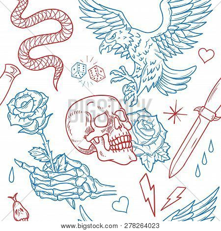 Vintage Set Pattern Seamless Print Illustration Old School Trendy Graphic Design T Shirt Tee Sweatsh