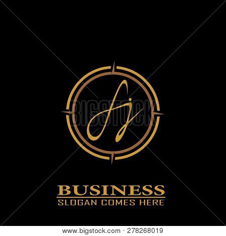 Initial Letter Fj Graphic Logo Template, On Gold Circle, Isolated On Black Background.