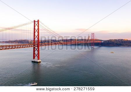 June 10, 2018. Lisbon, Portugal. The 25 De Abril Bridge Is A Bridge Connecting The City Of Lisbon To