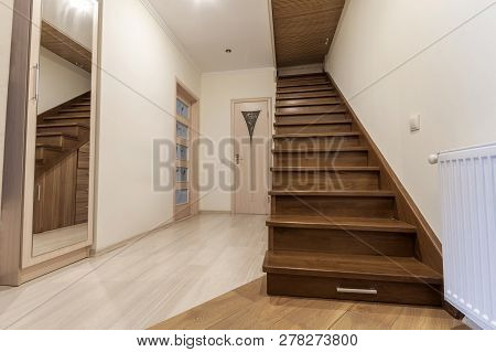 Modern Architecture Interior With Elegant Luxury Hallway With Glossy Wooden Staps Stairs In Modern S