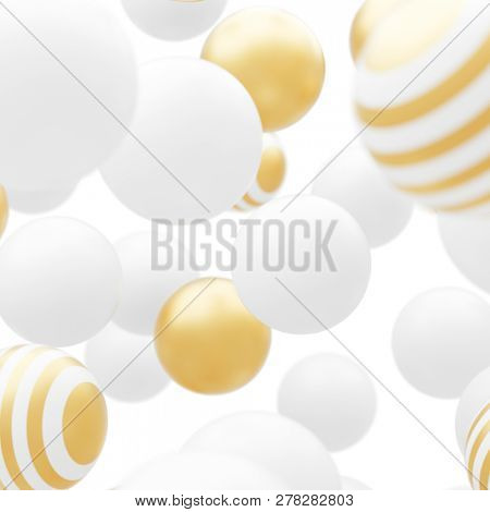 Abstract flowing white and gold particles shperes. 3D render.