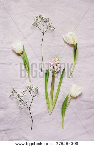 Spring, Easter Floral Botanical Composition. White Gypsophila, Tulips And Hyacinth Flowers Lying On 