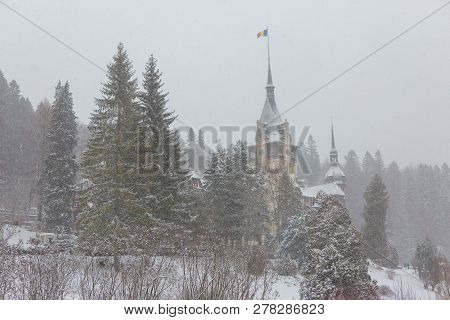 Peles Castle In Romania Predeal, Blizzard In Brasov Sinaia