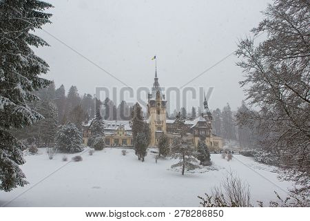 Peles Castle In Romania Predeal, Blizzard In Brasov Sinaia