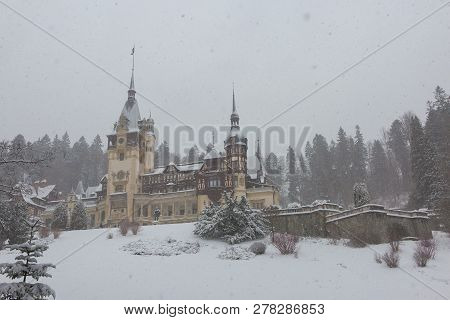 Peles Castle In Romania Predeal, Blizzard In Brasov Sinaia