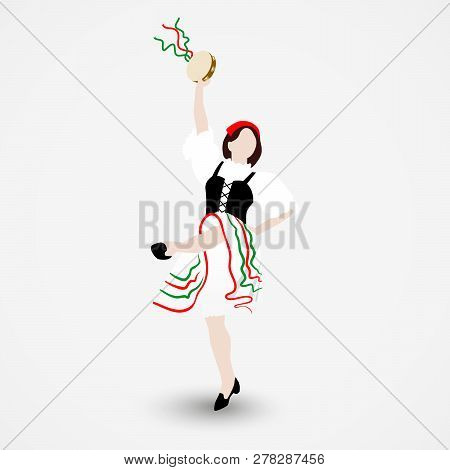 A Young Girl Dressed In A National Costume Dancing An Italian Tarantella With A Tambourine Isolated 